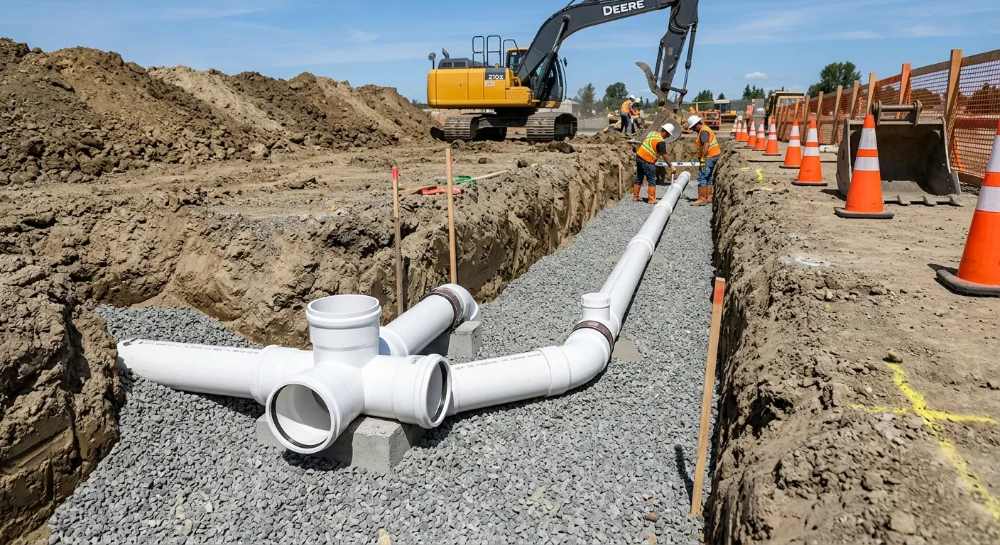 New PVC sewer pipe installation in open trench for Sewer Backup in Bullhead City